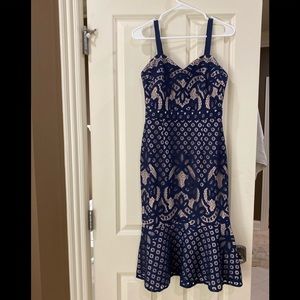 Navy fitted lace dress with peplum skirt